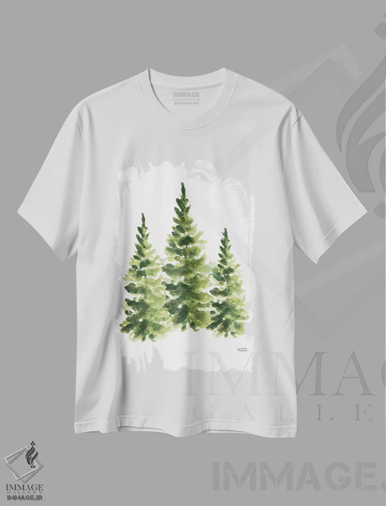 تیشرت سفید طرح دار – تیشرت طبیعت ,درختان کاج آبرنگ اثر میشل موسپنس فروشگاه ایماژ