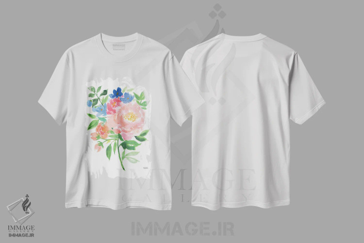 تیشرت سفید طرح دار – تیشرت تابستانی ,دسته گل شکوفه های تابستانی آبرنگ اثر میشل موسپنس فروشگاه ایماژ
