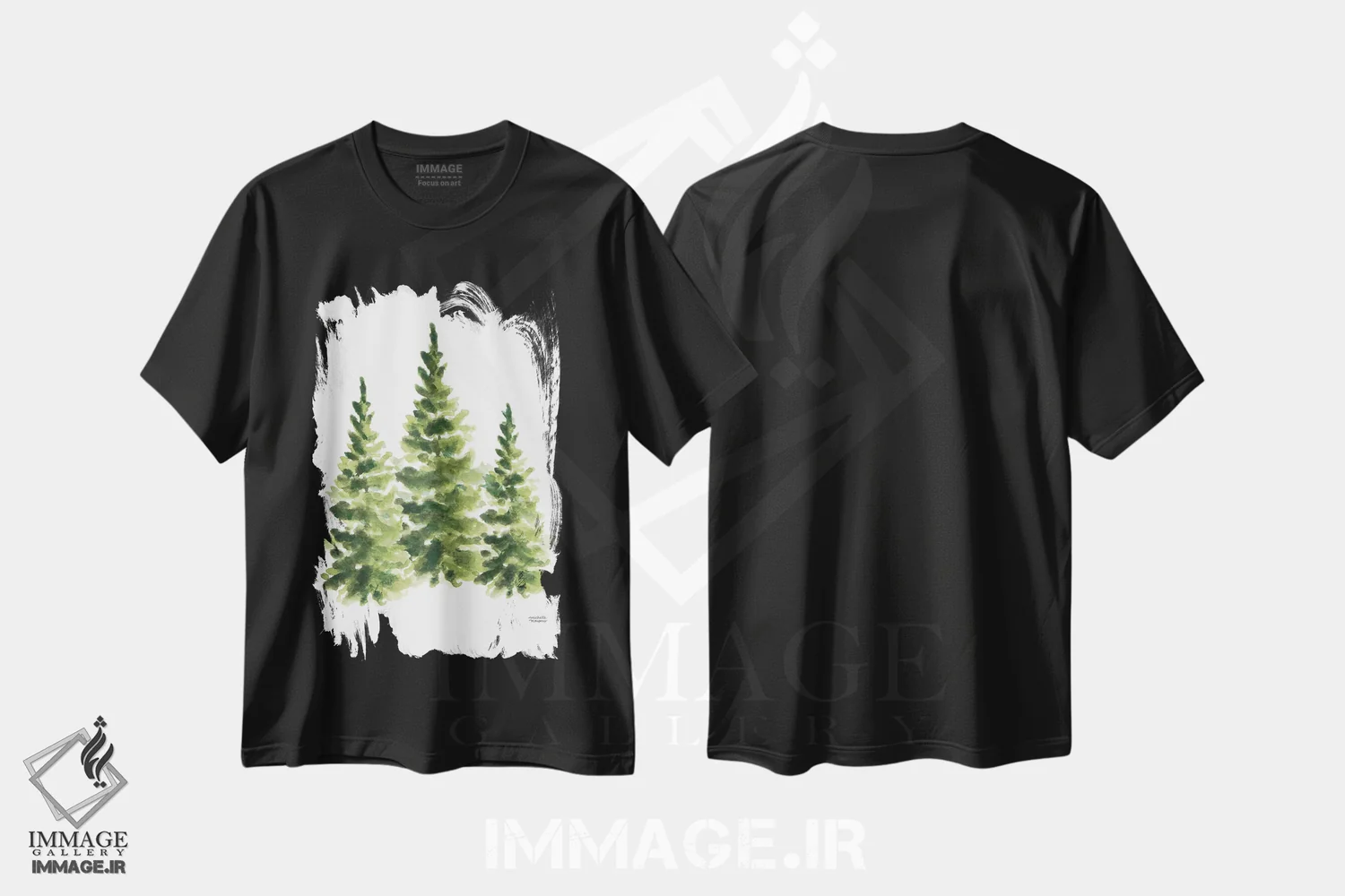 تیشرت مشکی طرح دار – تیشرت طبیعت ,درختان کاج آبرنگ اثر میشل موسپنس immage.ir