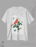 تیشرت سفید طرح دار – تیشرت هنری ,پرنده کاردینال و گل رز آبرنگ اثر میشل موسپنس immage.ir