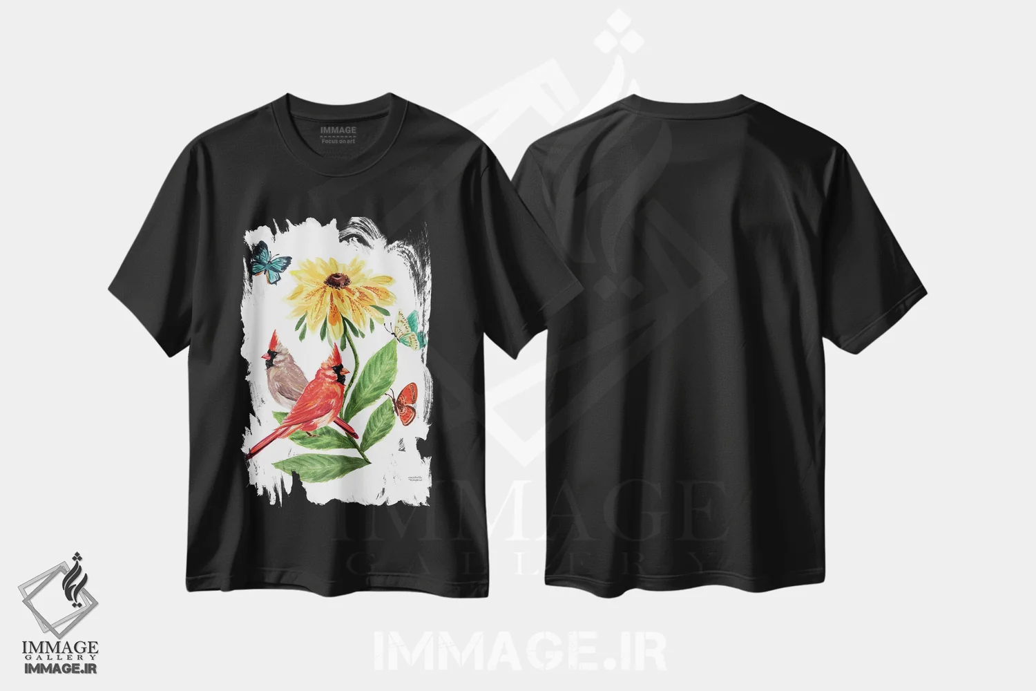 تیشرت مشکی طرح دار – تیشرت طبیعت ,کاردینال ها و دوستان آبرنگ اثر میشل موسپنس immage.ir