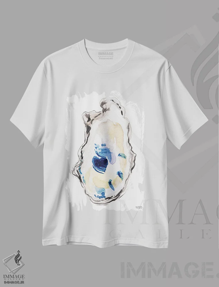 تیشرت سفید طرح دار – تیشرت طبیعت ,صدف ها اول آبرنگ اثر میشل موسپنس immage.ir