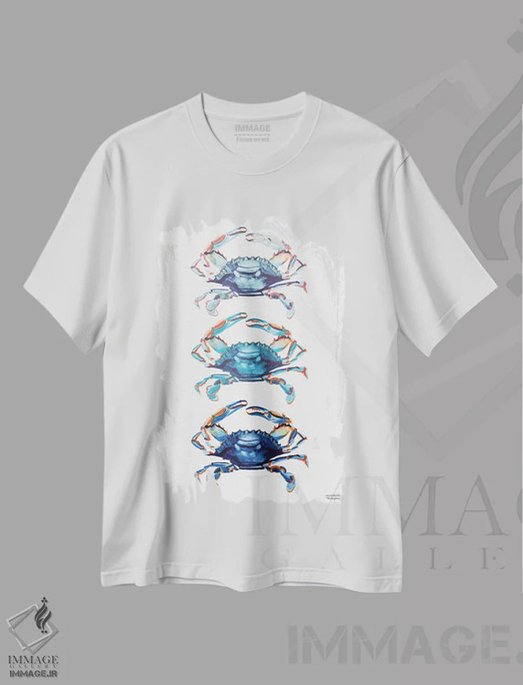 تیشرت سفید طرح دار – تیشرت ساحلی ,سه خرچنگ آبرنگ اثر میشل موسپنس فروشگاه ایماژ