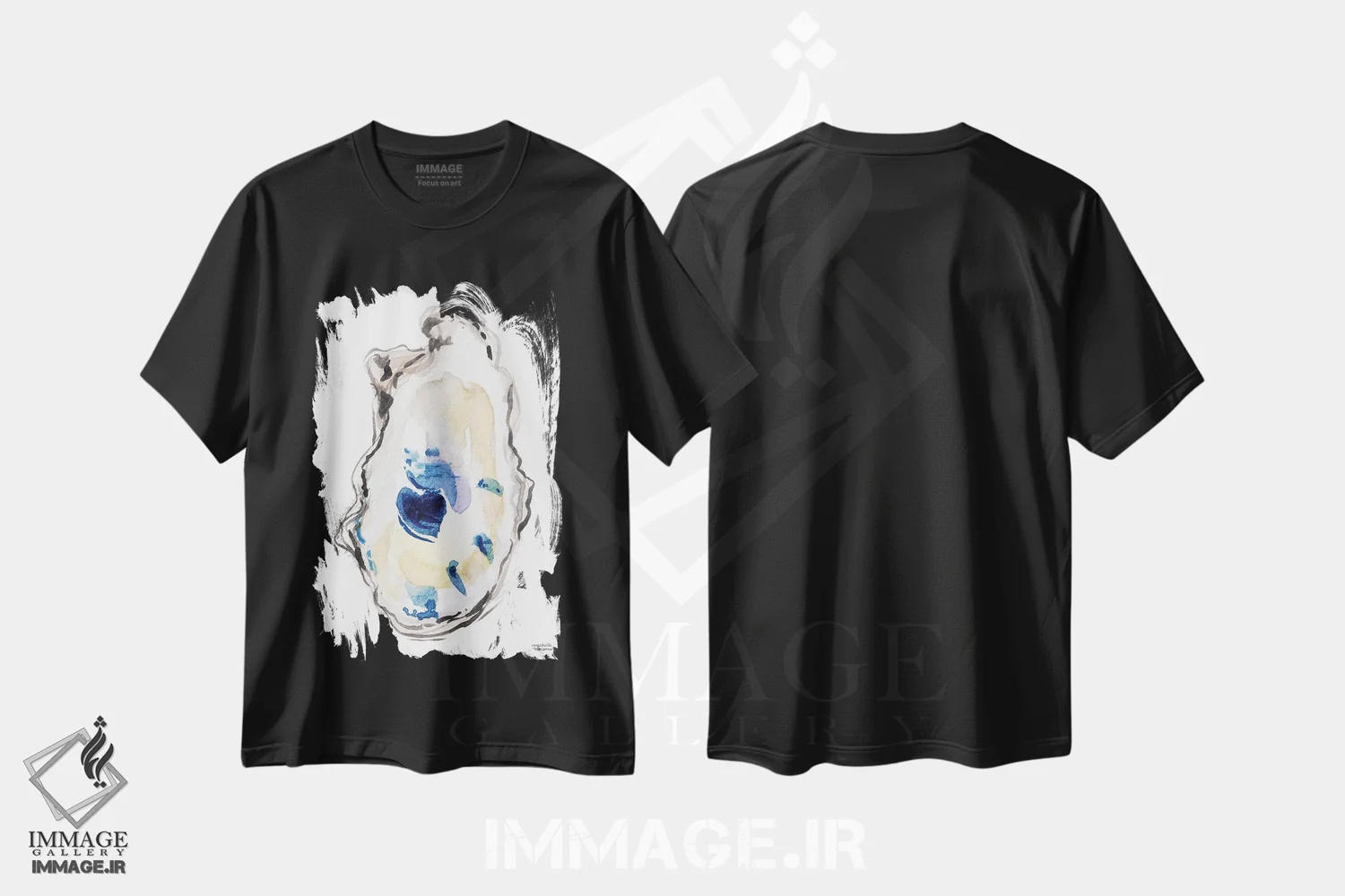 تیشرت مشکی طرح دار – تیشرت طبیعت ,صدف ها اول آبرنگ اثر میشل موسپنس فروشگاه ایماژ
