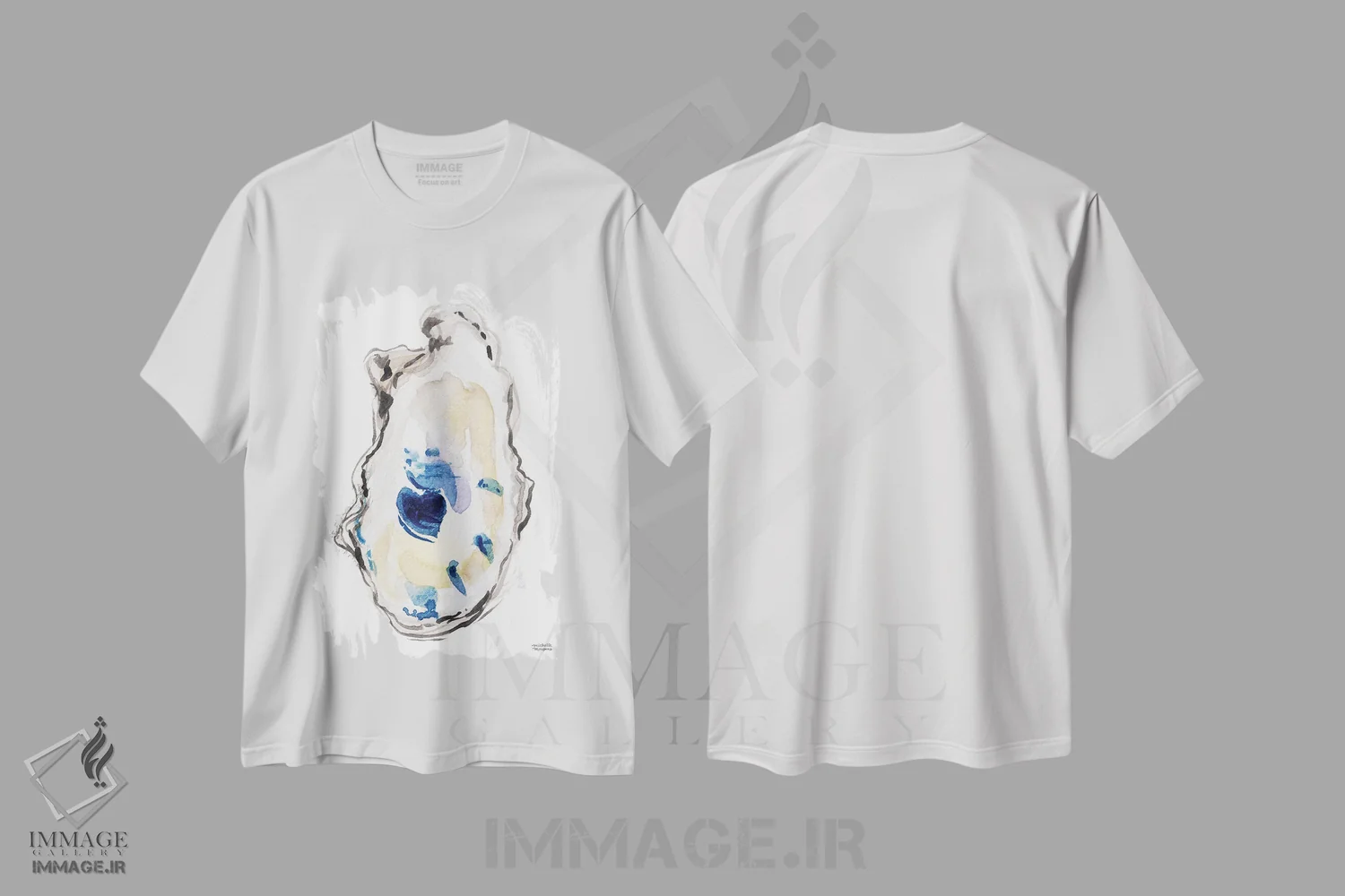 تیشرت سفید طرح دار – تیشرت طبیعت ,صدف ها اول آبرنگ اثر میشل موسپنس immage.ir