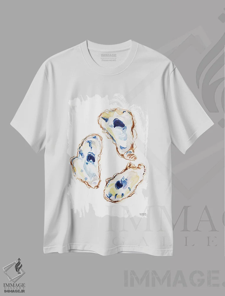 تیشرت سفید طرح دار – تیشرت هنری ,صدف ها سوم آبرنگ اثر میشل موسپنس فروشگاه ایماژ