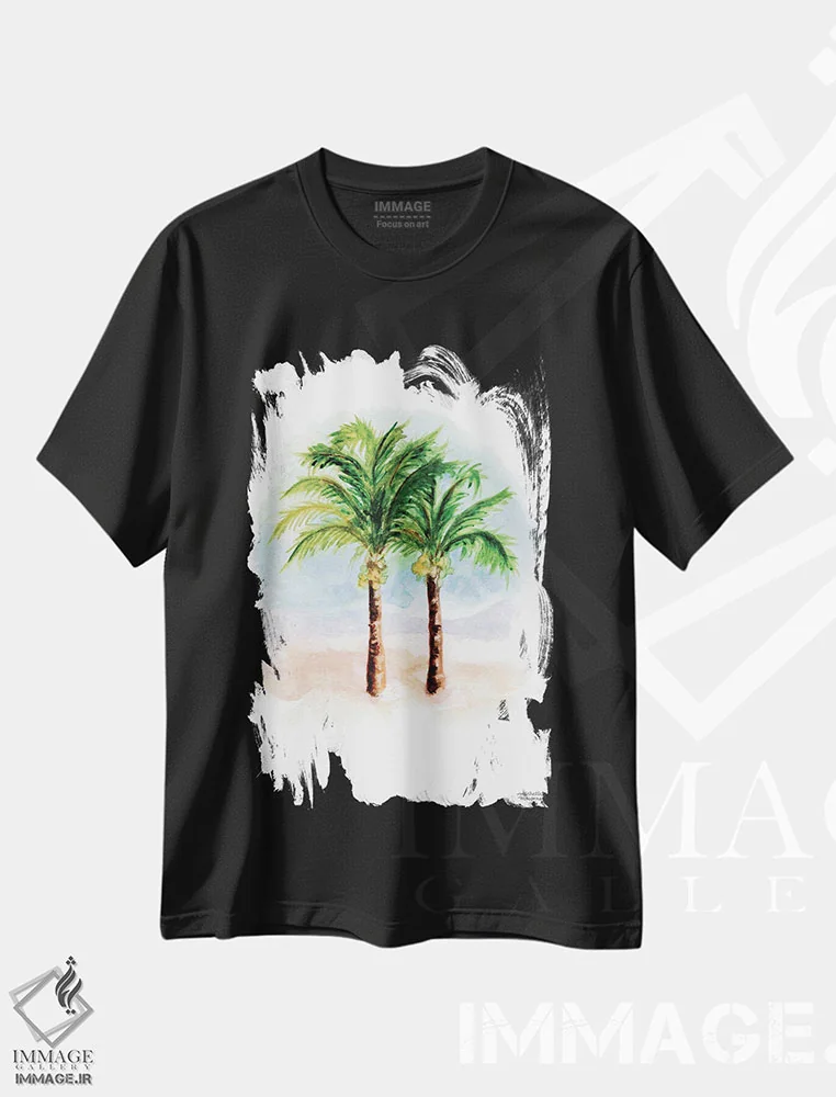 تیشرت مشکی طرح دار – تیشرت طبیعت ,درختان نخل نارگیل آبرنگ اثر میشل موسپنس فروشگاه ایماژ