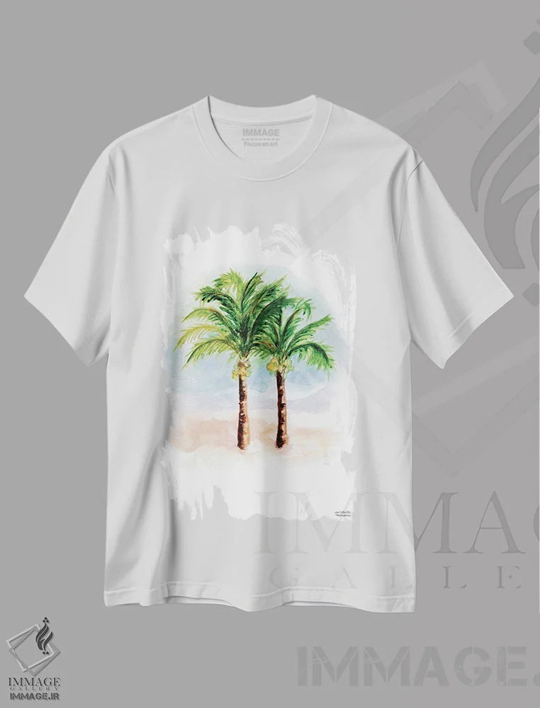تیشرت سفید طرح دار – تیشرت طبیعت ,درختان نخل نارگیل آبرنگ اثر میشل موسپنس immage.ir