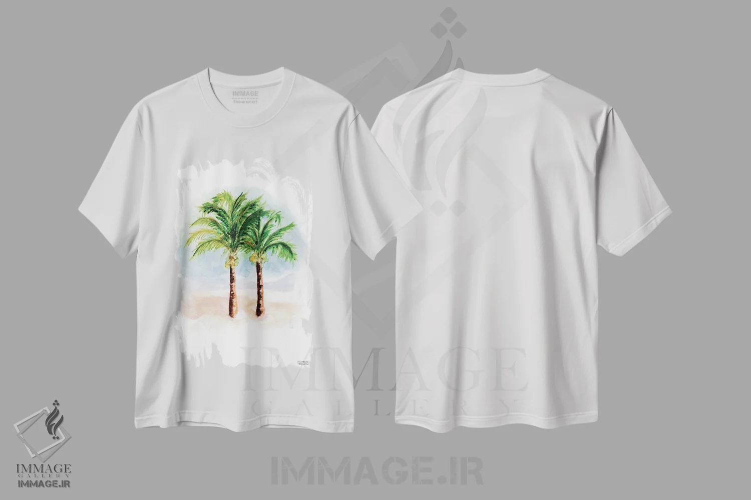 تیشرت سفید طرح دار – تیشرت طبیعت ,درختان نخل نارگیل آبرنگ اثر میشل موسپنس immage.ir