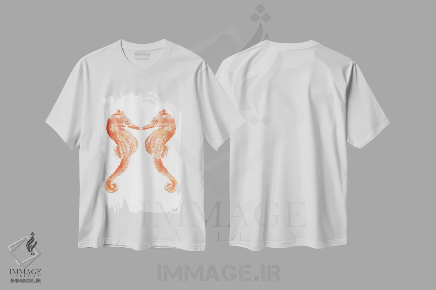 تیشرت سفید طرح دار – تیشرت حیوانات دریایی ,اسب دریایی اول آبرنگ اثر میشل موسپنس فروشگاه ایماژ