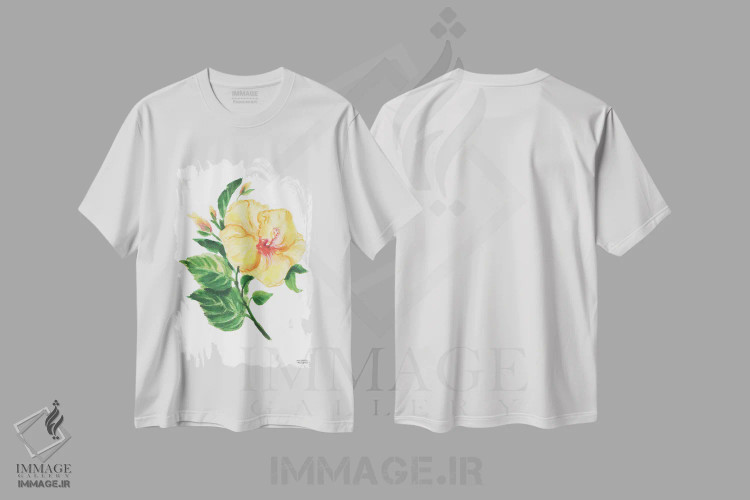تیشرت سفید طرح دار – تیشرت گل دار ,هیبیسکوس گیاهی آبرنگ اثر میشل موسپنس immage.ir