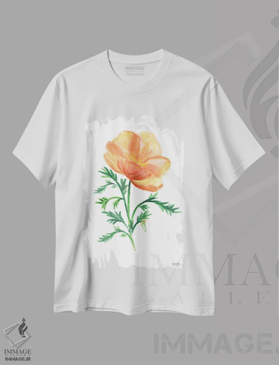 تیشرت سفید طرح دار – تیشرت طبیعت ,گل خشخاش طلایی کالیفرنیا آبرنگ اثر میشل موسپنس فروشگاه ایماژ