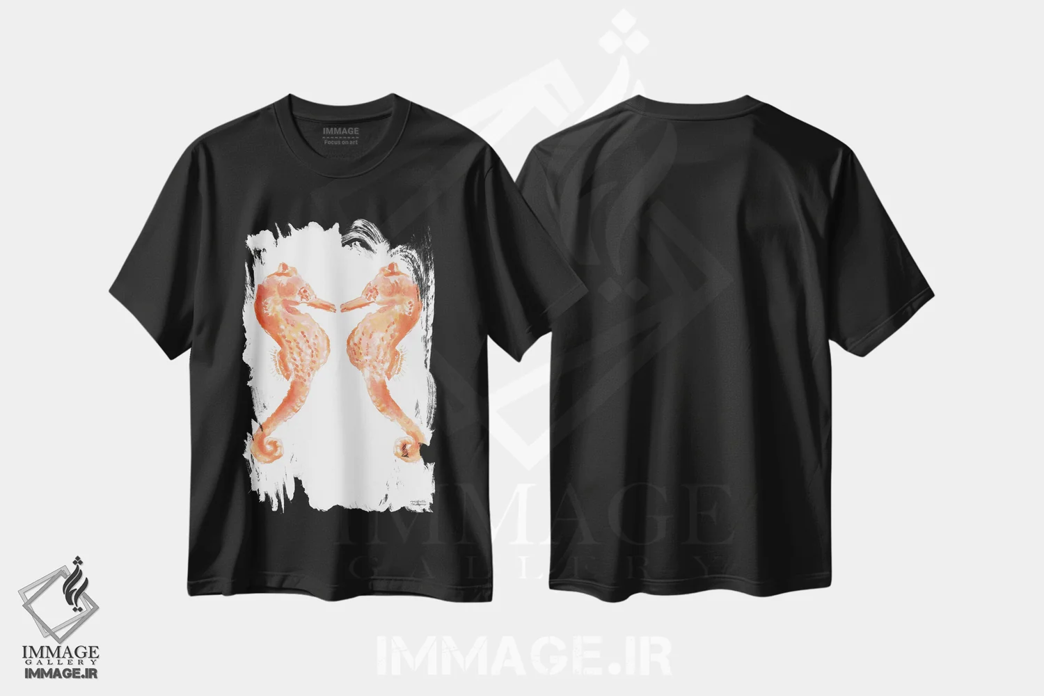 تیشرت مشکی طرح دار – تیشرت حیوانات دریایی ,اسب دریایی اول آبرنگ اثر میشل موسپنس immage.ir