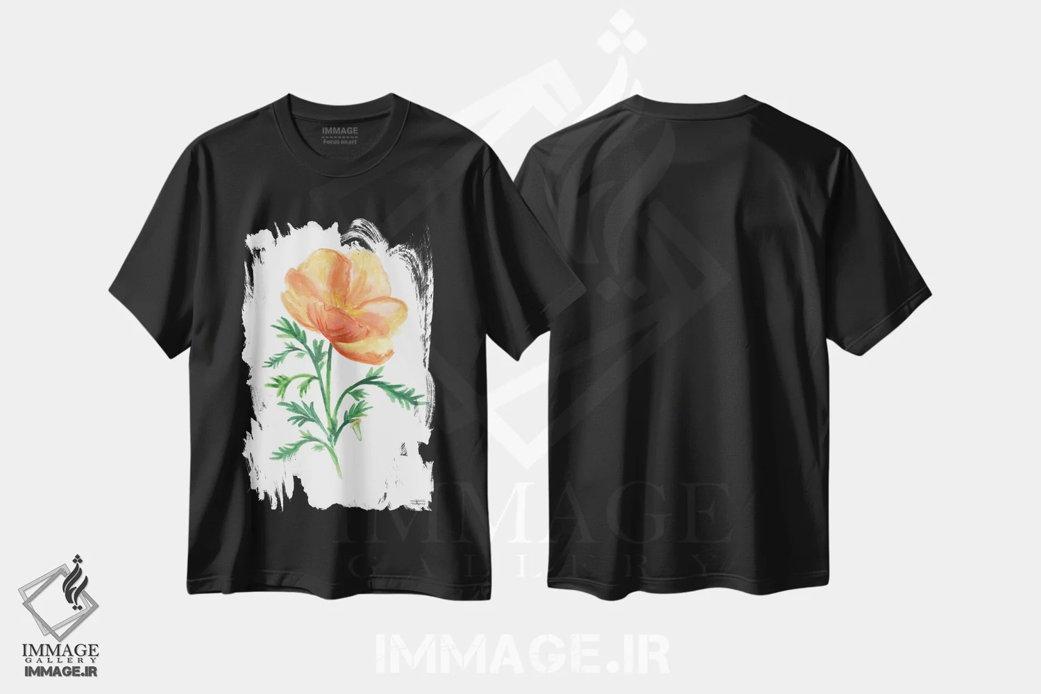 تیشرت مشکی طرح دار – تیشرت طبیعت ,گل خشخاش طلایی کالیفرنیا آبرنگ اثر میشل موسپنس immage.ir