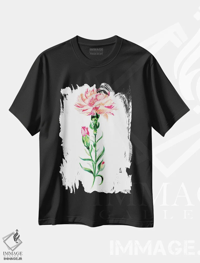 تیشرت مشکی طرح دار – تیشرت گلدار زنانه ,میخک هلوئی آبرنگ اثر میشل موسپنس فروشگاه ایماژ