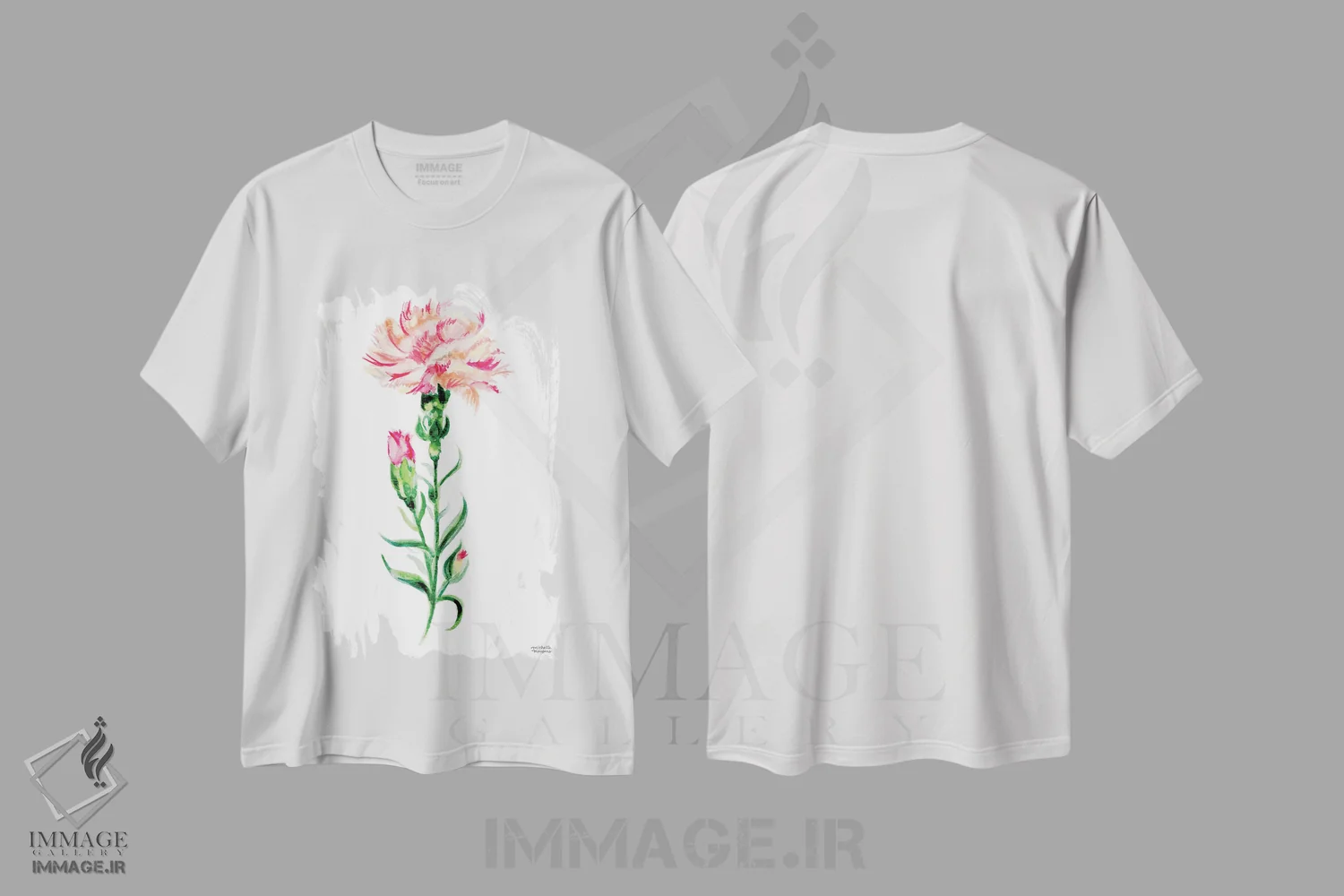 تیشرت سفید طرح دار – تیشرت گلدار زنانه ,میخک هلوئی آبرنگ اثر میشل موسپنس immage.ir