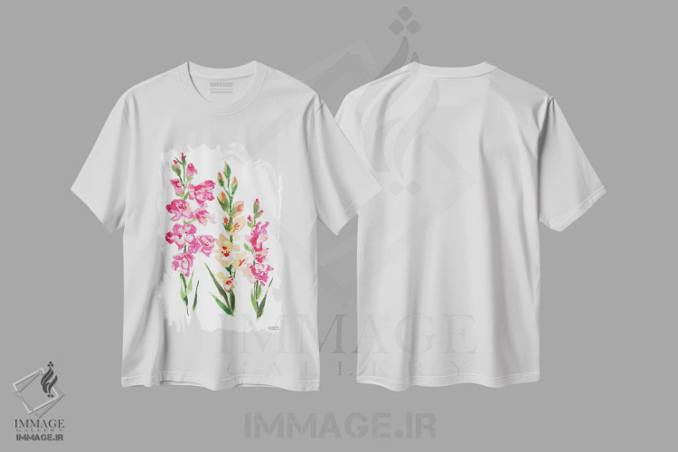 تیشرت سفید طرح دار – تیشرت هنری ,گل گلادیولوس آبرنگ اثر میشل موسپنس فروشگاه ایماژ