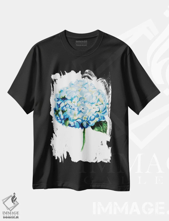تیشرت مشکی طرح دار – تیشرت آبرنگی هنری ,هیدرانژای آبی آبرنگ اثر میشل موسپنس immage.ir