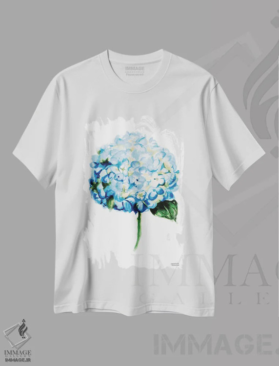 تیشرت سفید طرح دار – تیشرت آبرنگی هنری ,هیدرانژای آبی آبرنگ اثر میشل موسپنس فروشگاه ایماژ