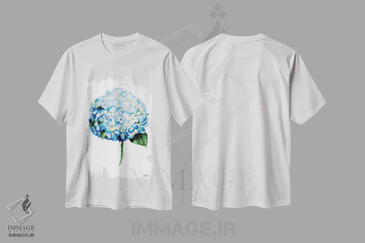 تیشرت سفید طرح دار – تیشرت آبرنگی هنری ,هیدرانژای آبی آبرنگ اثر میشل موسپنس فروشگاه ایماژ