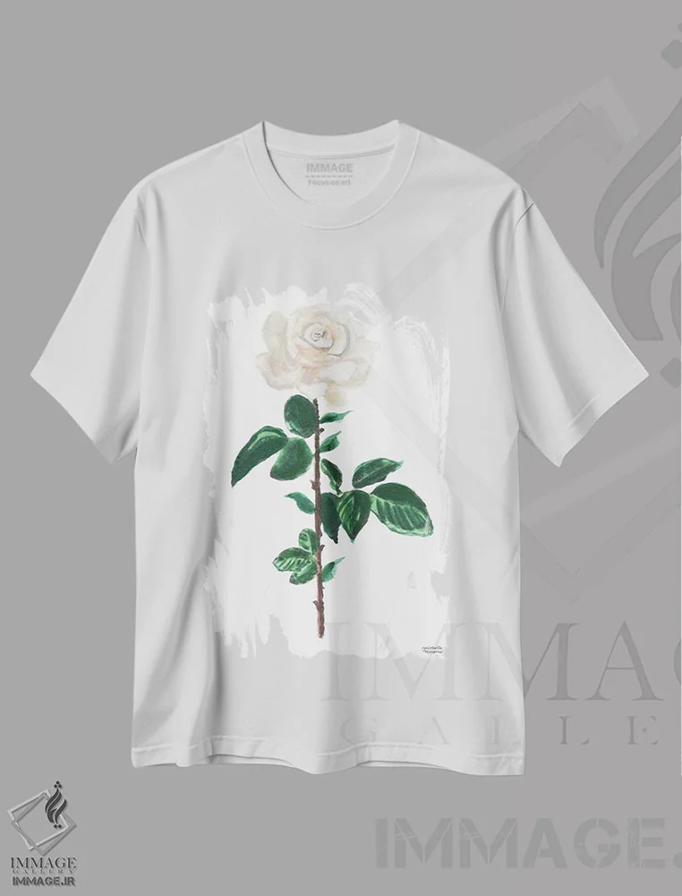 تیشرت سفید طرح دار – تیشرت گل رز ,گل رز سفید آبرنگ اثر میشل موسپنس immage.ir