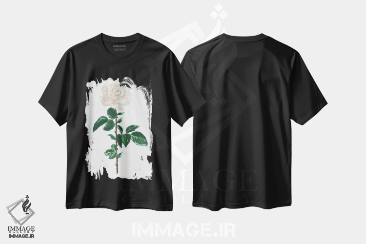 تیشرت مشکی طرح دار – تیشرت گل رز ,گل رز سفید آبرنگ اثر میشل موسپنس فروشگاه ایماژ