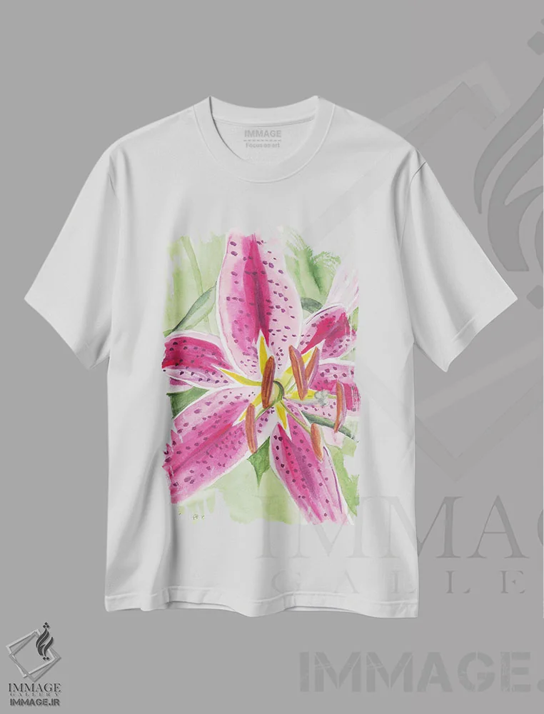تیشرت سفید طرح دار – تیشرت گل سوسن ,لیلی استارگیزر اول آبرنگ اثر میشل موسپنس فروشگاه ایماژ