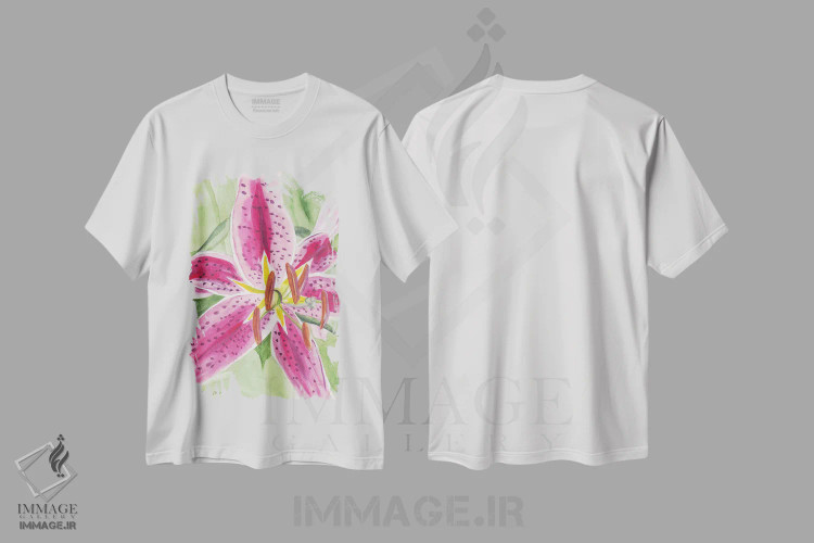 تیشرت سفید طرح دار – تیشرت گل سوسن ,لیلی استارگیزر اول آبرنگ اثر میشل موسپنس فروشگاه ایماژ