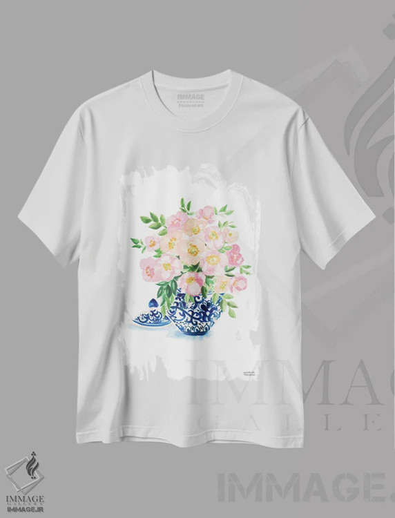 تیشرت سفید طرح دار – تیشرت گلدار هنری ,کوزه زنجبیلی هشتم آبرنگ اثر میشل موسپنس immage.ir