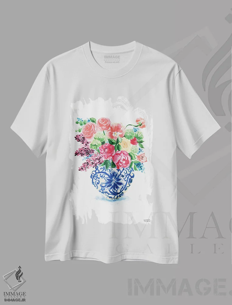 تیشرت سفید طرح دار – تیشرت فانتزی ,دسته گل کوزه زنجبیلی پانزدهم آبرنگ اثر میشل موسپنس immage.ir