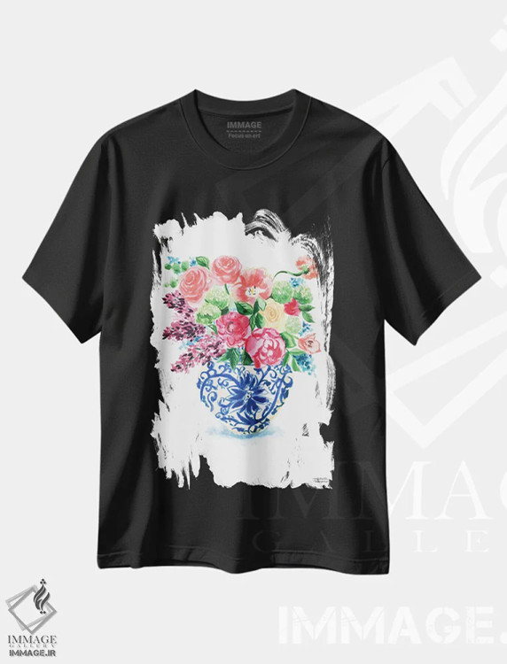 تیشرت مشکی طرح دار – تیشرت فانتزی ,دسته گل کوزه زنجبیلی پانزدهم آبرنگ اثر میشل موسپنس فروشگاه ایماژ