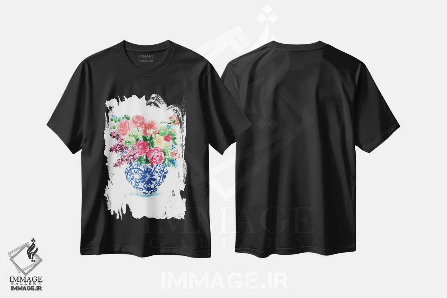 تیشرت مشکی طرح دار – تیشرت فانتزی ,دسته گل کوزه زنجبیلی پانزدهم آبرنگ اثر میشل موسپنس فروشگاه ایماژ