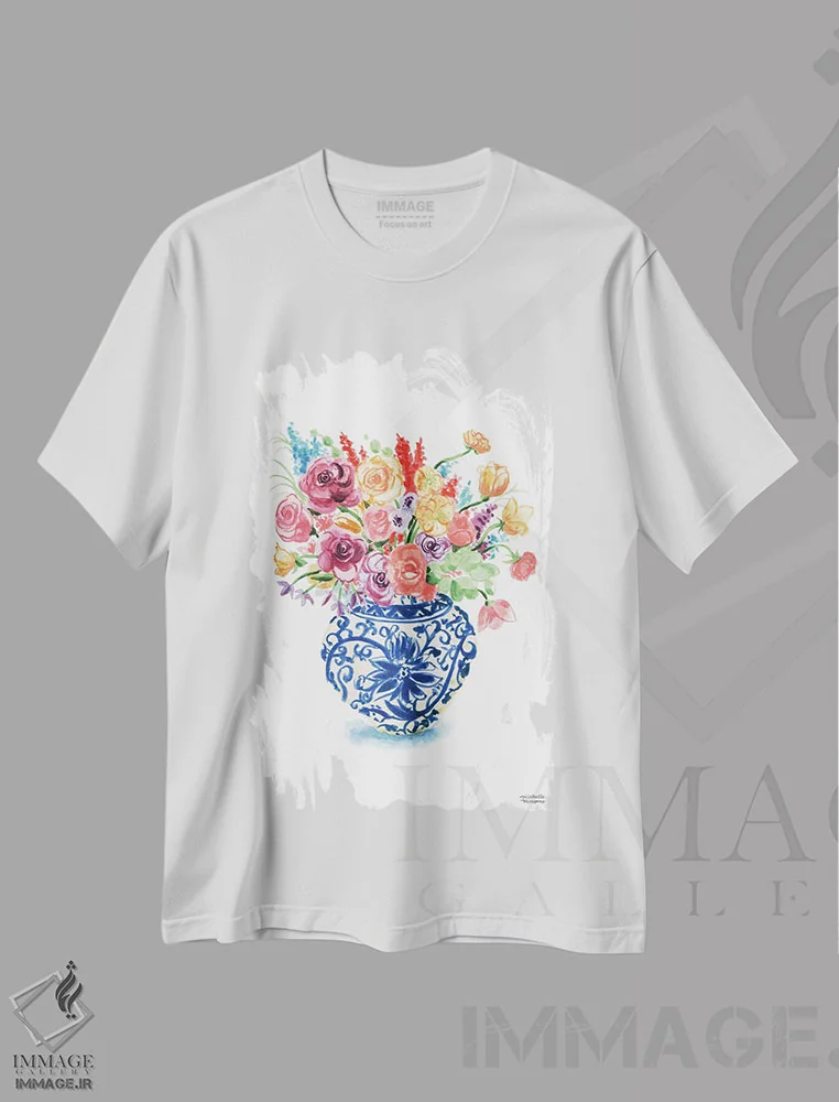 تیشرت سفید طرح دار – تیشرت هنری ,دسته گل کوزه زنجبیلی شانزدهم آبرنگ اثر میشل موسپنس فروشگاه ایماژ