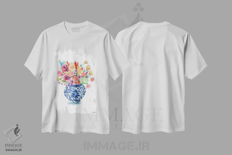 تیشرت سفید طرح دار – تیشرت هنری ,دسته گل کوزه زنجبیلی شانزدهم آبرنگ اثر میشل موسپنس فروشگاه ایماژ