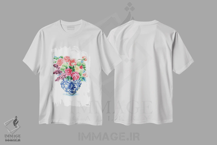 تیشرت سفید طرح دار – تیشرت فانتزی ,دسته گل کوزه زنجبیلی پانزدهم آبرنگ اثر میشل موسپنس immage.ir