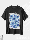 تیشرت مشکی طرح دار – تیشرت انتزاعی ,گل های آب رنگی نیلی انتزاعی اثر میشل موسپنس فروشگاه ایماژ