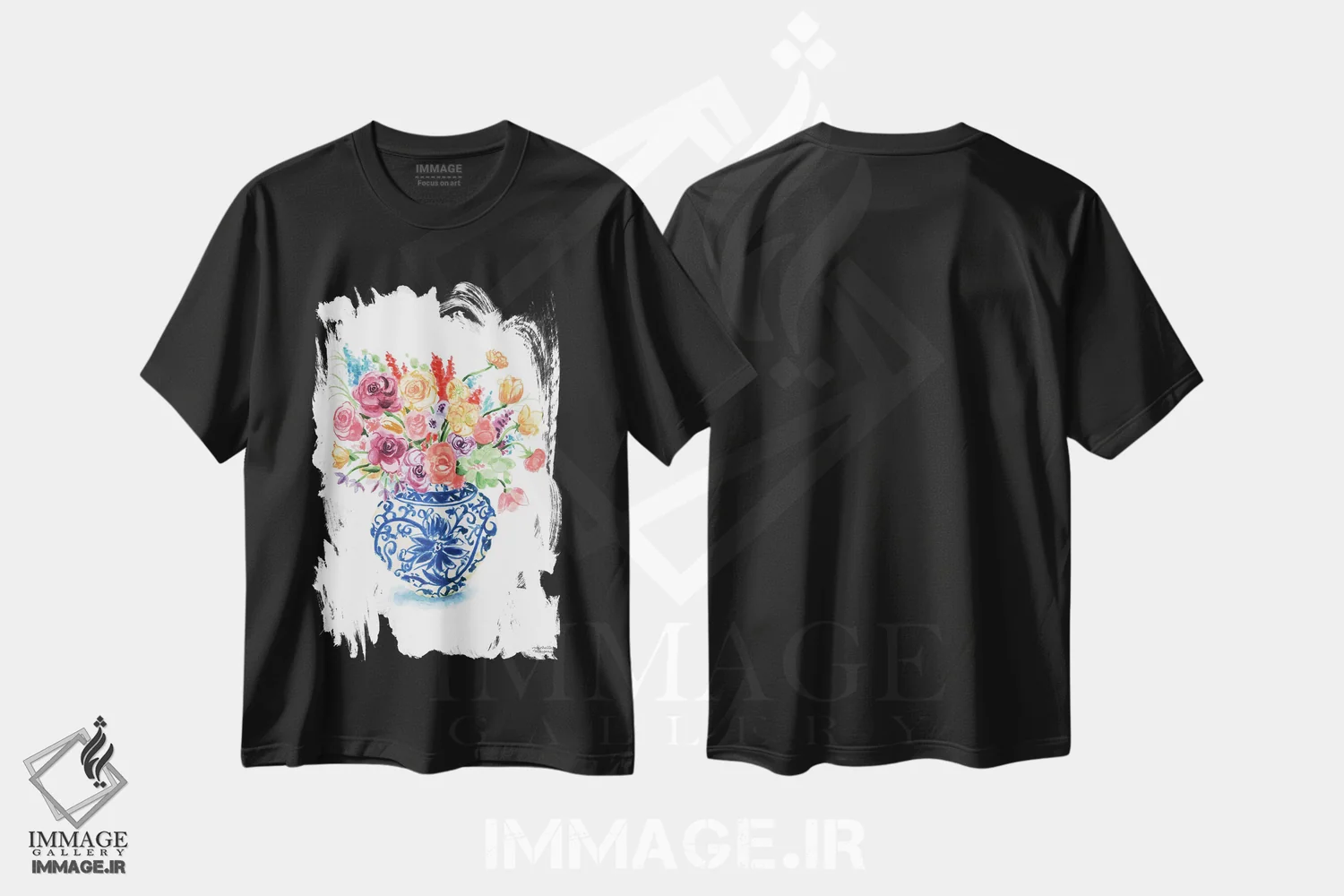 تیشرت مشکی طرح دار – تیشرت هنری ,دسته گل کوزه زنجبیلی شانزدهم آبرنگ اثر میشل موسپنس immage.ir