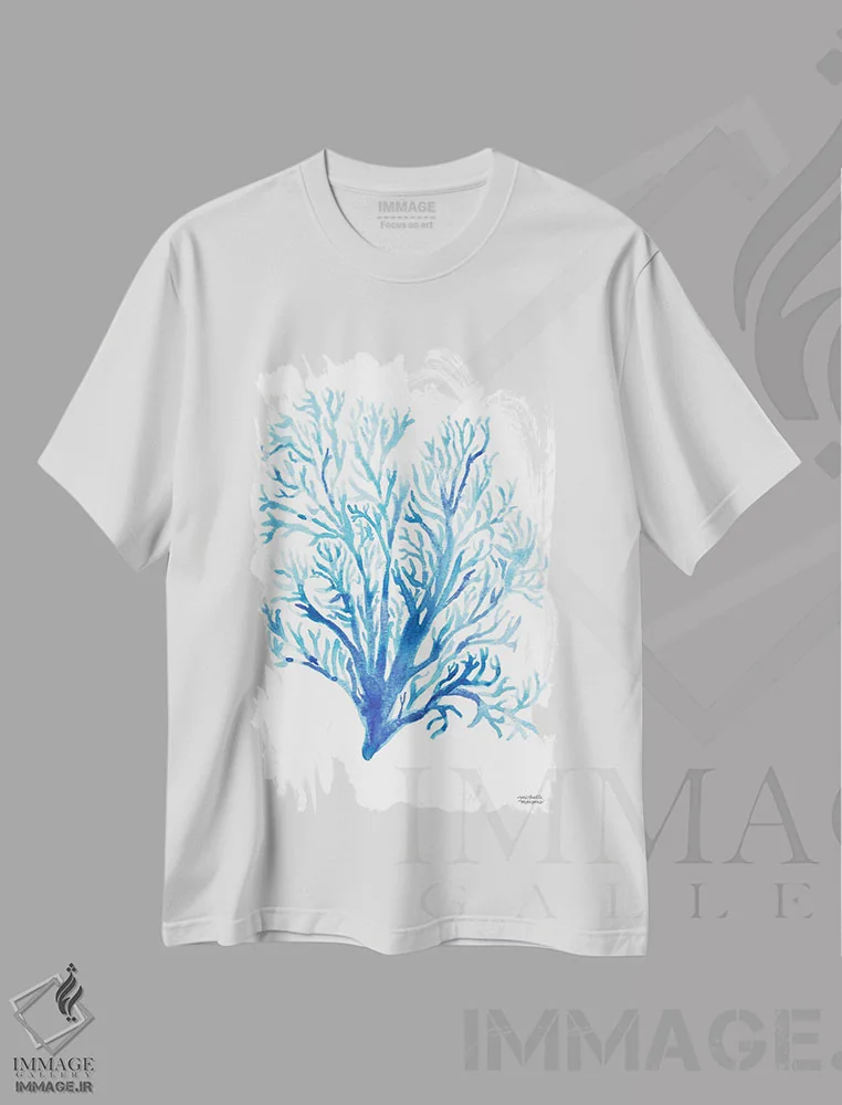 تیشرت سفید طرح دار – تیشرت طبیعت ,مرجان ساحلی آبرنگ اثر میشل موسپنس فروشگاه ایماژ
