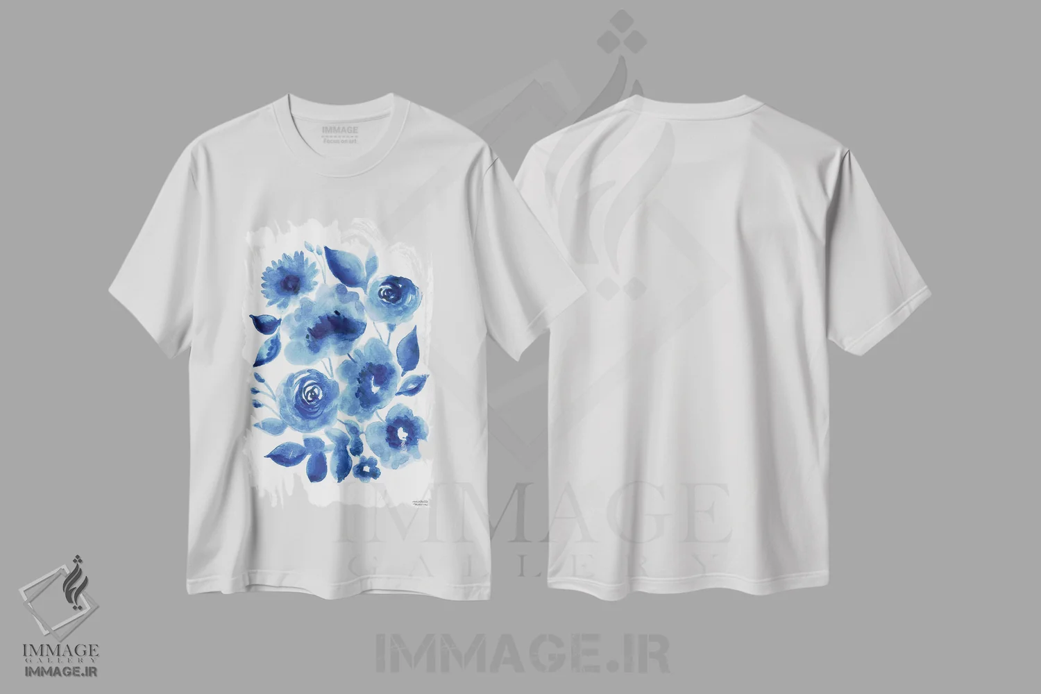 تیشرت سفید طرح دار – تیشرت انتزاعی ,گل های آب رنگی نیلی انتزاعی اثر میشل موسپنس immage.ir