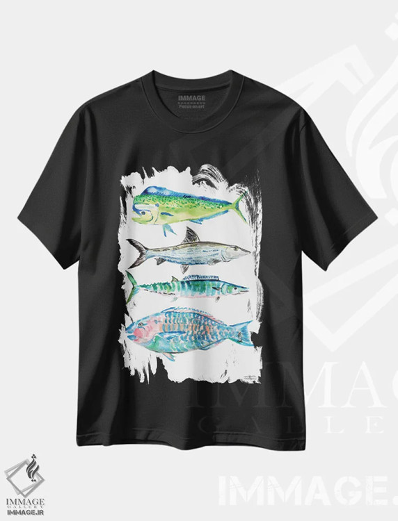 تیشرت مشکی طرح دار – تیشرت طبیعت ,ماهی گرند کیمن آبرنگ اثر میشل موسپنس فروشگاه ایماژ
