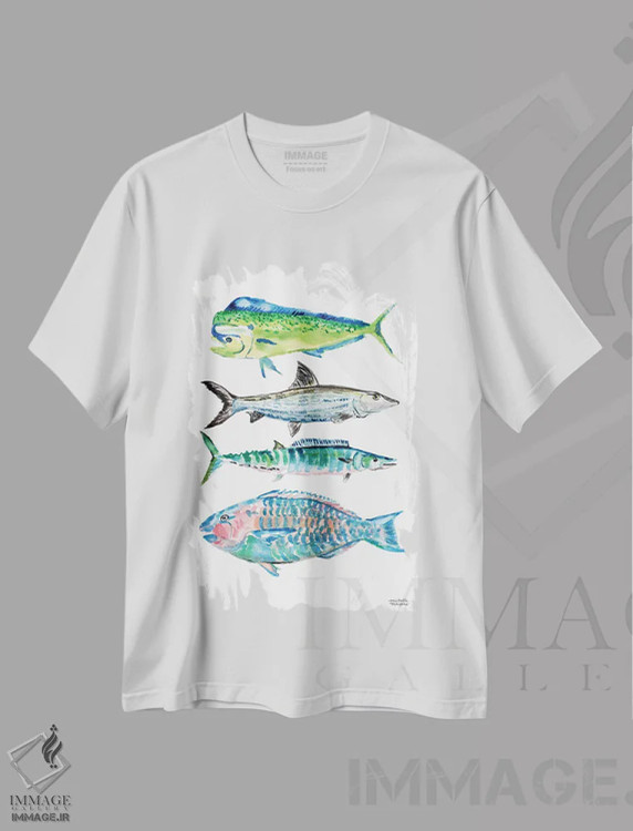 تیشرت سفید طرح دار – تیشرت طبیعت ,ماهی گرند کیمن آبرنگ اثر میشل موسپنس immage.ir