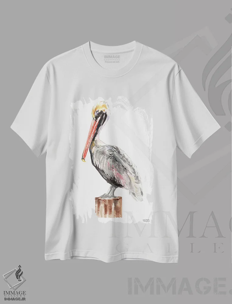 تیشرت سفید طرح دار – تیشرت حیوانات ,پرنده پلیکان آبرنگ اثر میشل موسپنس immage.ir