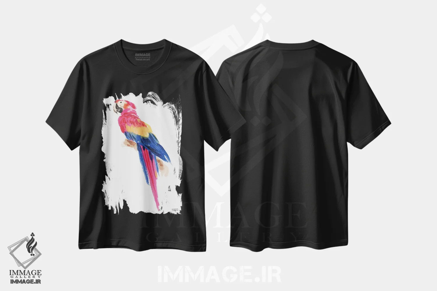 تیشرت مشکی طرح دار – تیشرت حیوانات ,طوطی استوایی آبرنگ اثر میشل موسپنس immage.ir