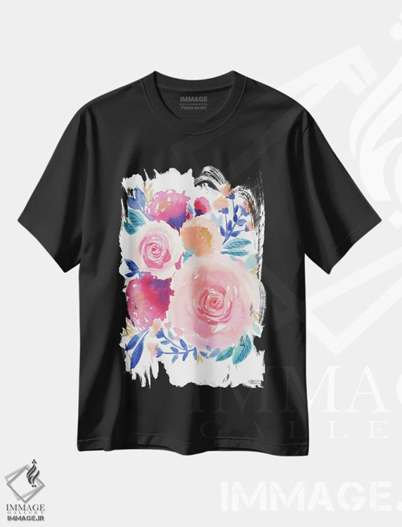 تیشرت مشکی طرح دار – تیشرت گل ,قدرت گل آبرنگ اثر میشل موسپنس فروشگاه ایماژ
