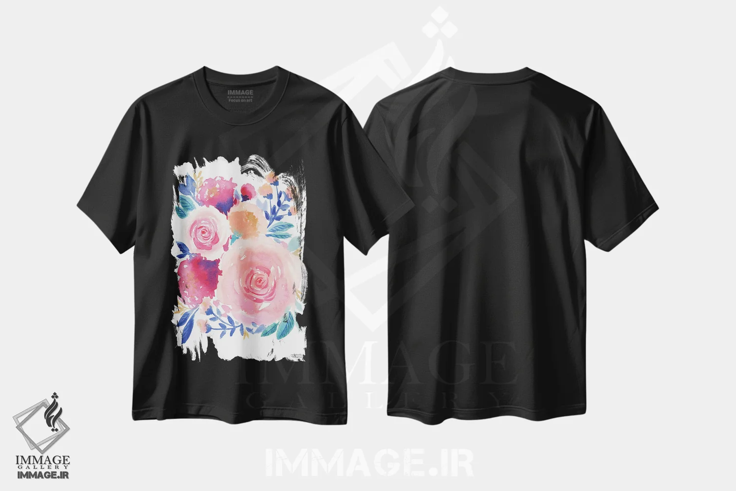 تیشرت مشکی طرح دار – تیشرت گل ,قدرت گل آبرنگ اثر میشل موسپنس فروشگاه ایماژ