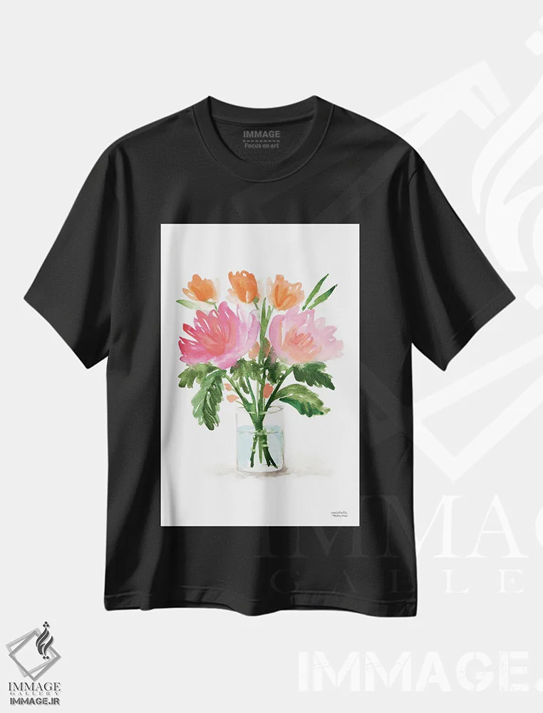 تیشرت مشکی طرح دار – تیشرت هنری ,زندگی بی جان دسته گل نقاشی اول آبرنگ اثر میشل موسپنس immage.ir