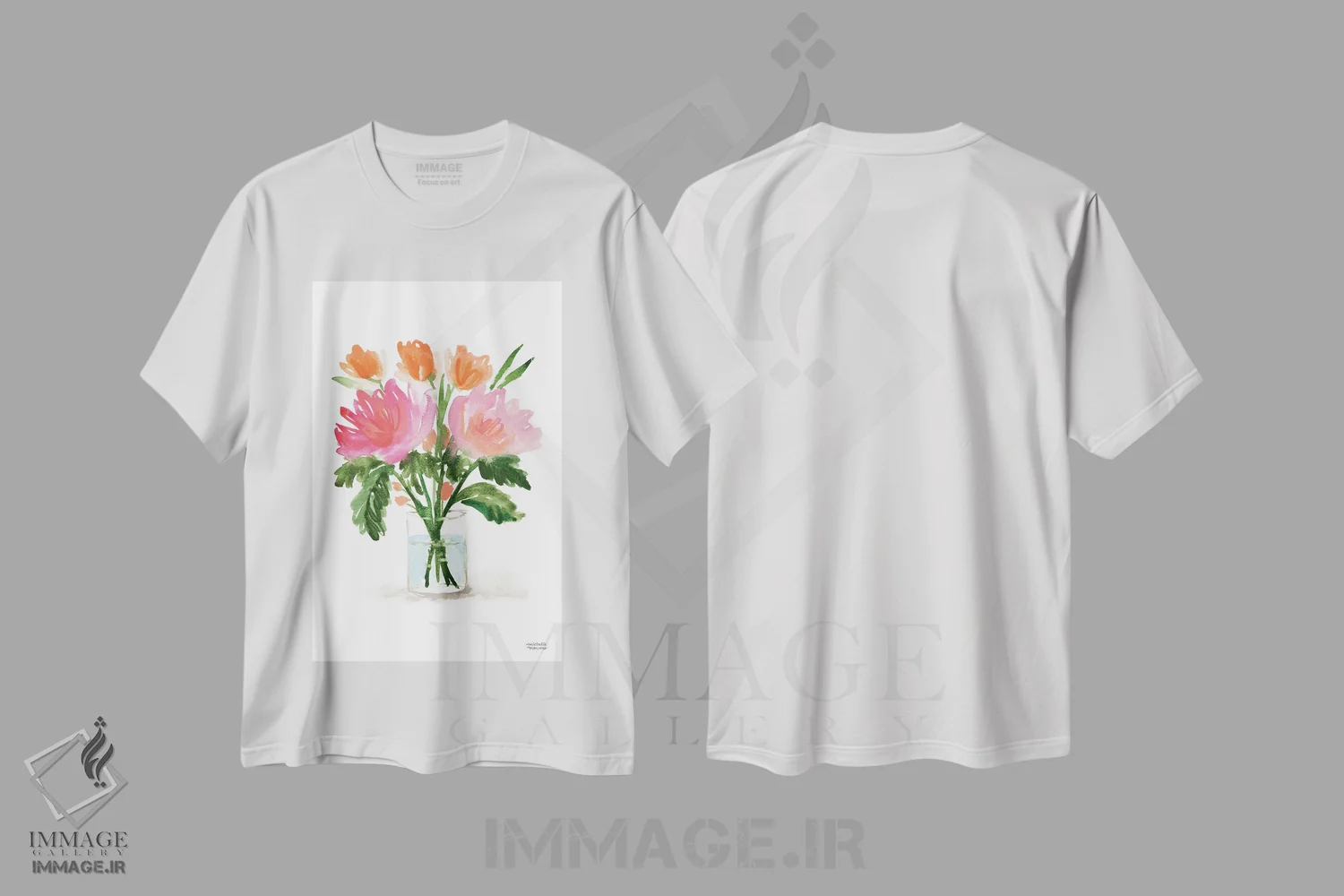 تیشرت سفید طرح دار – تیشرت هنری ,زندگی بی جان دسته گل نقاشی اول آبرنگ اثر میشل موسپنس فروشگاه ایماژ