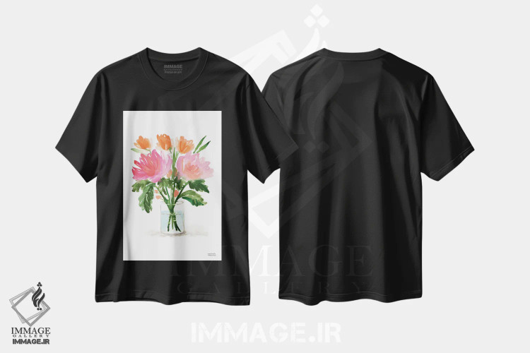 تیشرت مشکی طرح دار – تیشرت هنری ,زندگی بی جان دسته گل نقاشی اول آبرنگ اثر میشل موسپنس immage.ir