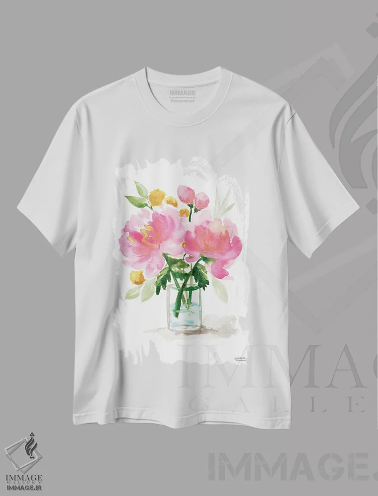 تیشرت سفید طرح دار – تیشرت هنری ,زندگی بی جان دسته گل نقاشی دوم آبرنگ اثر میشل موسپنس immage.ir