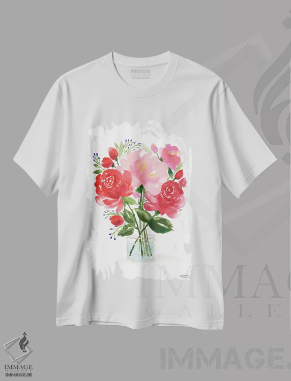 تیشرت سفید طرح دار – تیشرت هنری ,زندگی بی جان دسته گل نقاشی چهارم آبرنگ اثر میشل موسپنس immage.ir